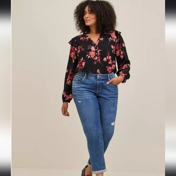 torrid Tops - Torrid Black Challis Ruffle Trim Pullover Top/  Floral Print Flowy Blouse